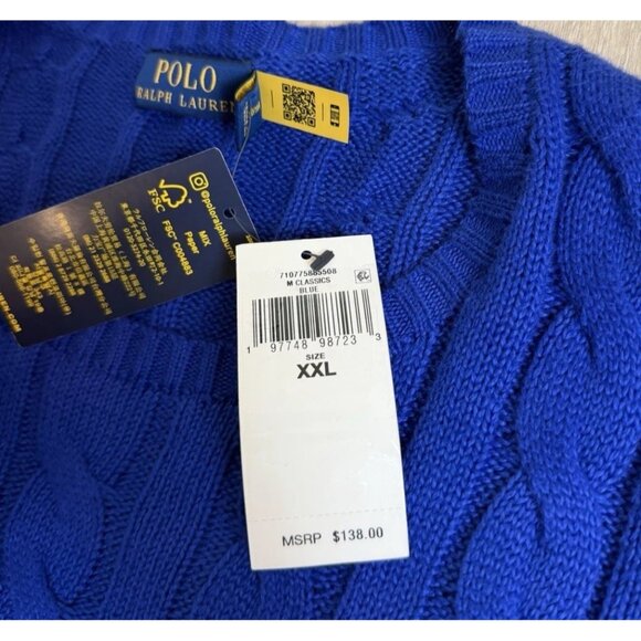 Polo Ralph Lauren XXL ROYAL BLUE CABLE Knit Crew-Neck Sweater GREEN PONY NEW - Picture 5 of 11